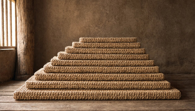 Stack of rectangular woven straw or jute mats arranged in a pyramid shape on a rustic wooden floor against a textured brown clay wall