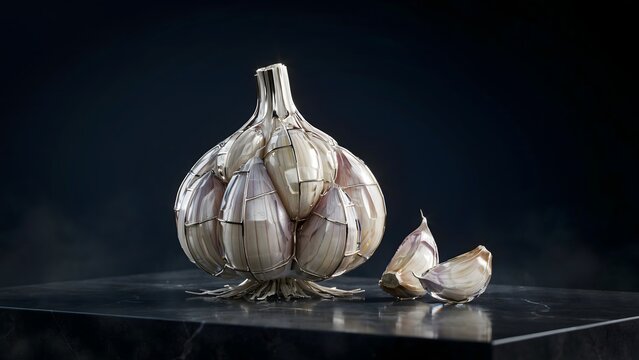 Geometric crystal garlic bulb with fine silver pathways on obsidian &ndash; Great for modern kitchen design concepts, high-tech food art, or futuristic curation.