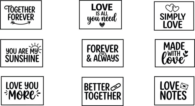 Nine romantic typography quotes in square frames for valentine's day or wedding decor