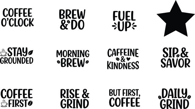 Coffee quotes typography collection for merchandise and home decor featuring bold and playful lettering designs