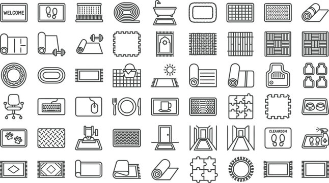 Set of rug and mat line icons for home interior and floor covering design