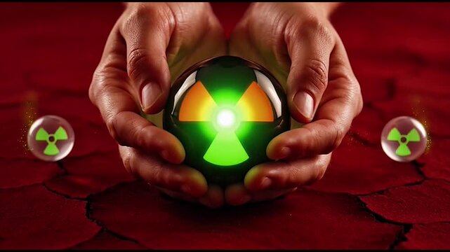 Hands holding a glowing radioactive symbol illustration against a red background with floating hazard icons.
