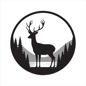 forest deer at dawn vector silhouette line art logo concept illustration