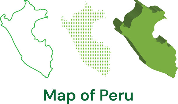 Map of Peru vector set. Outline, dotted and 3d green shapes for infographic design.