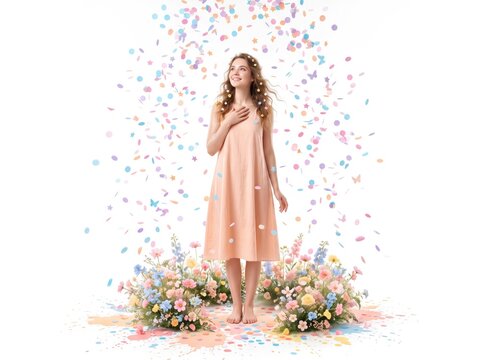 Girl standing amid blossoms and drifting confetti