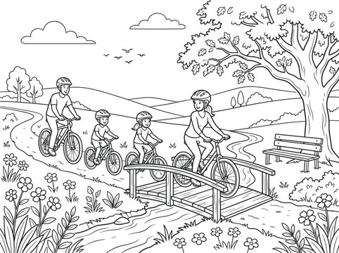 Family biking adventure coloring page design printable activity for kids and adults outdoor scene illustration