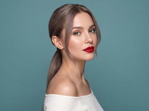 Teal tones accent a girl with bold red lips