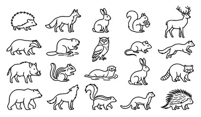 Obraz premium Minimal Woodland Creature Outline Collection Black White Wildlife Vector