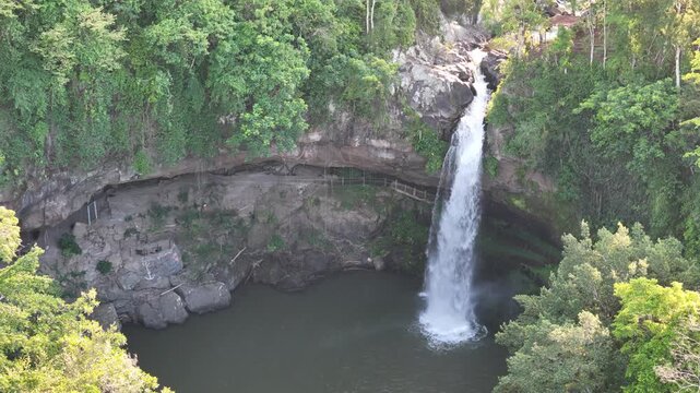 Waterfall in Matagalpa at sunset light aerial drone view