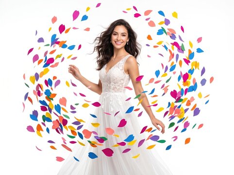 White gowned girl encircled by colorful petals