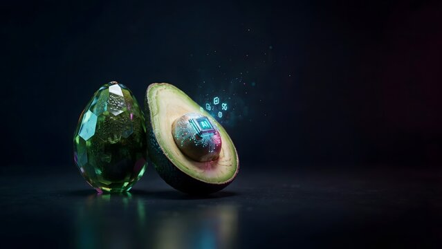 Crystalline avocado split open with holographic AI processor pit &ndash; Suitable for smart food technology, artificial intelligence branding, or futuristic culinary art.