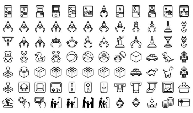 Arcade Amusement Park Claw Machine Line Icon Set with Toys Prizes Joysticks Token Coins and Gaming Entertainment Elements for Mobile App Layouts