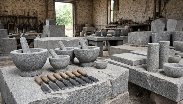 Stone carving workshop featuring granite mortar and pestle sets, chisels, and rough stone blocks on workbenches in a rustic stone building