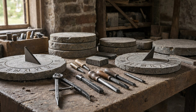 Stone sundials with roman numerals and metal gnomons resting on a rustic wooden workbench in a traditional stone mason workshop setting