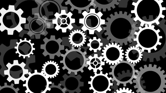 Gray cog wheel industrial visual layered white gears, black negative space, and mechanical rotation feel. Perfect for factory videos, automation screens, engineering explainers, and motion overlays.