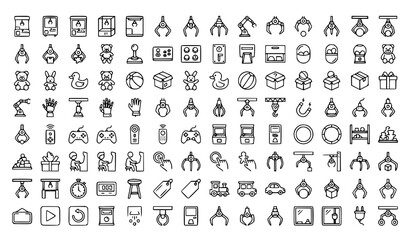 Claw Machine Arcade Game and Prize Vending Line Icon Set for Amusement Park Websites Gaming Apps and Entertainment Center Digital Media Designs © MdRifat