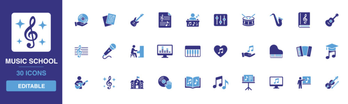 Musical instruments and academic education vector symbols styled as a set of solid colors for creative school lessons theater play rehearsals and audio engineering instruction