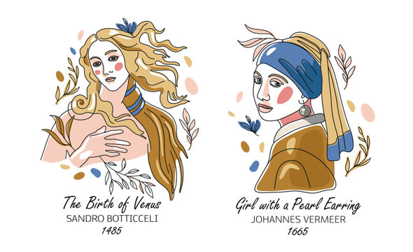 Vector illustration women art antique pictures Botticelli Birth of Venus, Vermeer Girl with pearl earning