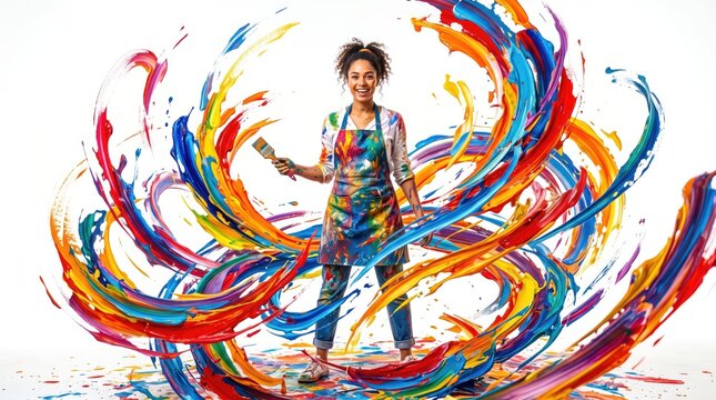 Colorful swirling paint forms a dynamic figure