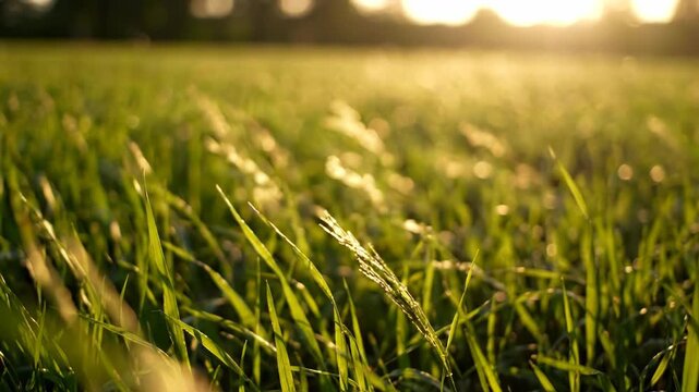 Closeup of green grass blades in a meadow at sunset with golden hour sunlight