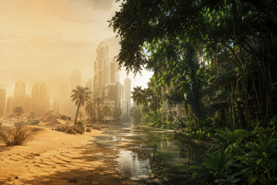 Desert and jungle divide an abandoned city street.