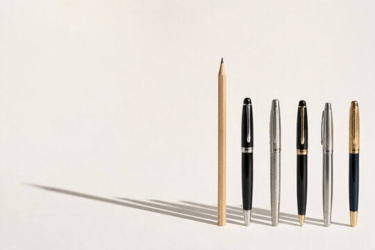 Wooden pencil stands taller than a row of luxury pens. Space for text.