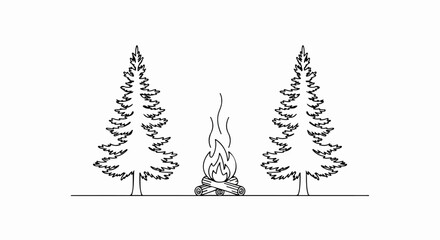 Obraz premium Campfire between two pine trees.