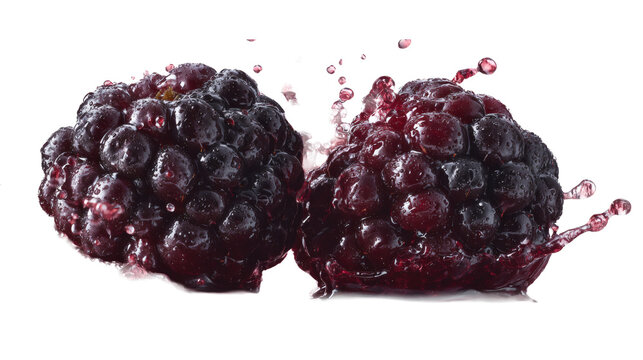 Blackberries compressed with detailed fruit texture and dynamic splash, isolated on a white background