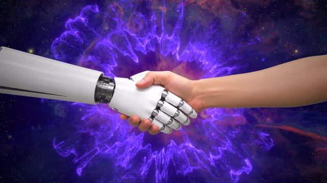 Robot and man hands clasping