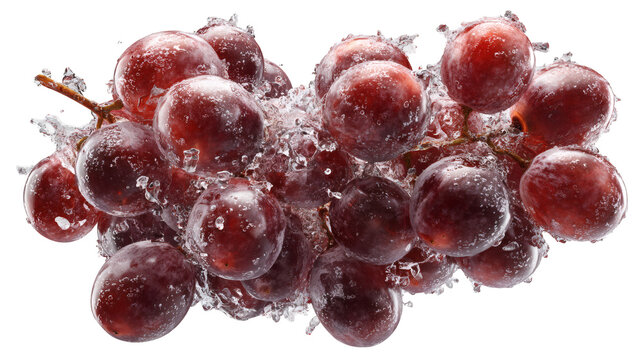 Red grapes bursting naturally under pressure, isolated on a white background