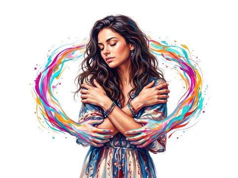 Girl wrapped in a swirl of rainbow colored hair