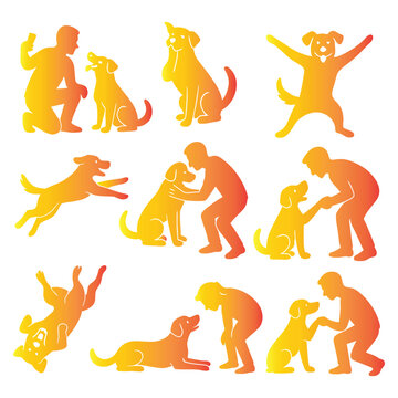 People playing and training pet dogs gradient silhouette set, man kneeling taking photo with dog vector illustration