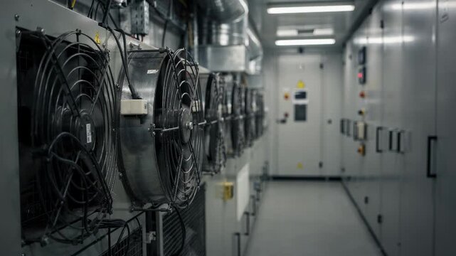 Inside a highway edge telecom shelter sharp focus on cooling fans and air ducts with outoffocus electrical cabinets lining the dimly lit space.