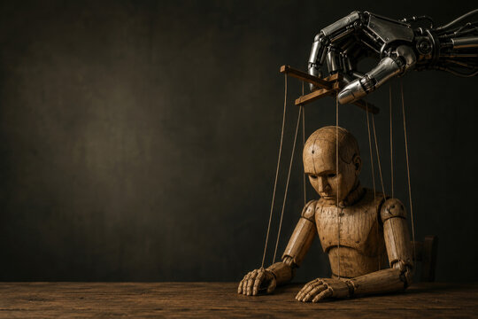 Robotic hand controls a wooden marionette. Space for text.