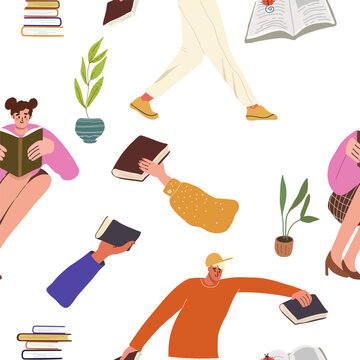 A seamless pattern featuring people reading, exchanging books, a book fair, bookcrossing, and a library.