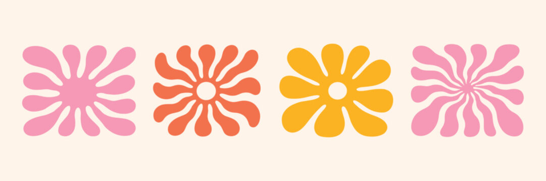 Groovy abstract flower art set. Organic doodle shapes in trendy naive retro hippie 60s 70s style. Floral botanic vector illustration