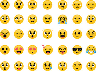 Fototapeta premium Emoji smile vector set, colorful cartoon emoticons with different emotions, reactions and facial expressions for messaging, apps and creative projects.