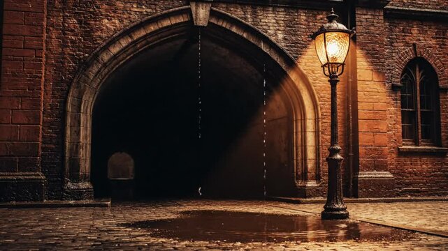 Rain drops fall into puddle beneath glowing lamp post near arched tunnel in old brick building