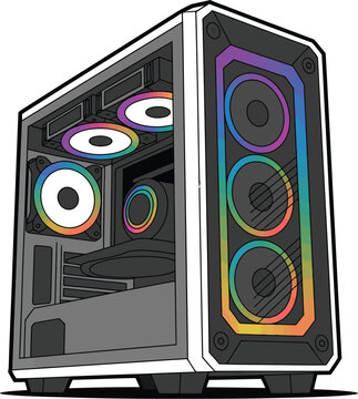 Black computer tower PC vector with colorful RGB lights, modern gaming desktop case illustration for technology, hardware and esports designs.