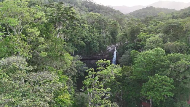 Waterfall in tropical jungle nature at sunset light aerial drone view