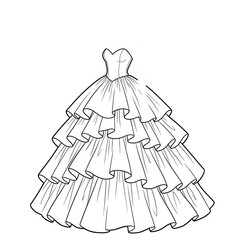 Fototapeta premium Hand drawn sketch of tiered ruffled skirt ball gown 3/4 isolated.