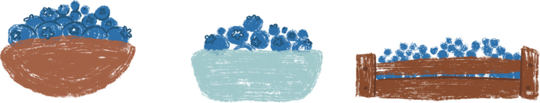 Hand drawn blueberry harvest set with berries in bowl, plastic container and wooden crate isolated on white background. Vector illustration in naive childlike crayon or pencil style for kid book.