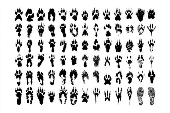 Collection of various animal footprints and tracks isolated on white background
