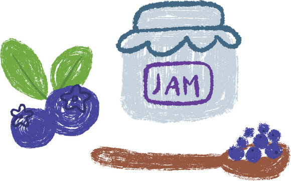 Textured hand drawn blueberry jam jar with wooden spoon and fresh berries isolated on white background. Vector illustration in naive childlike crayon or pencil style for kid book.
