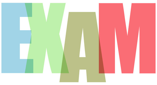 Multicolored overlapping letters forming the word EXAM in large font