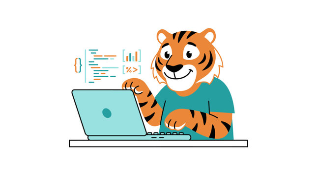 A cute tiger cartoon character programming and typing on a laptop computer.