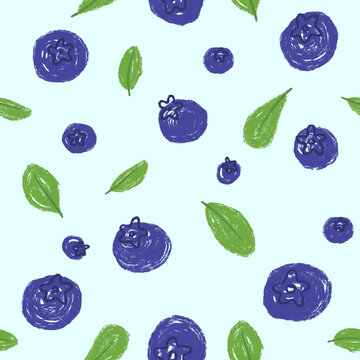 Textured hand drawn seamless pattern with fresh blueberries and leaves on light blue background. Vector illustration in naive childlike crayon or pencil style for book, textile.
