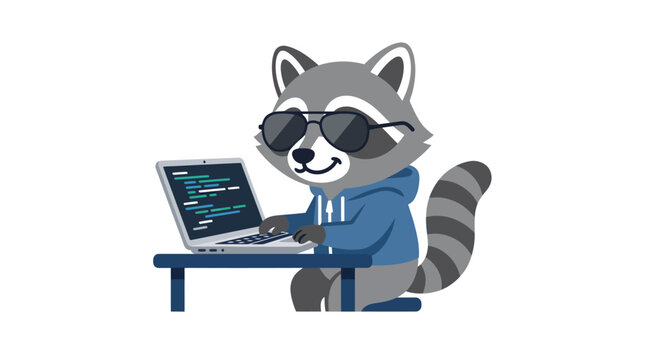 Cute cartoon raccoon wearing sunglasses working on a laptop computer.