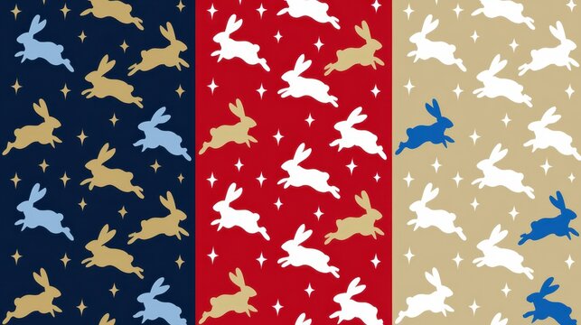 Seamless pattern with cute jumping rabbits and stars in blue, red, and beige color palettes, perfect for easter or childrens textile designs