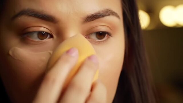 Young woman applying liquid foundation makeup under eyes with sponge